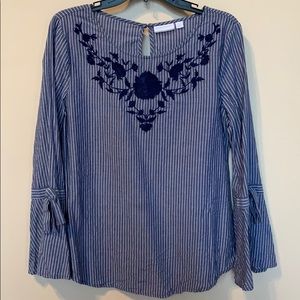 Embroidered Striped Blouse with Flounce Sleeves